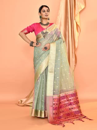 Dusty Blue Pure Linen Silk Ikat Butti Zari Weaving Saree