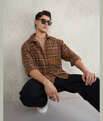 Chimpaaanzee Flannel Oversized Fit Checks Full Sleeves Men's Casual Shirt - Brown ( Pack of 1 )