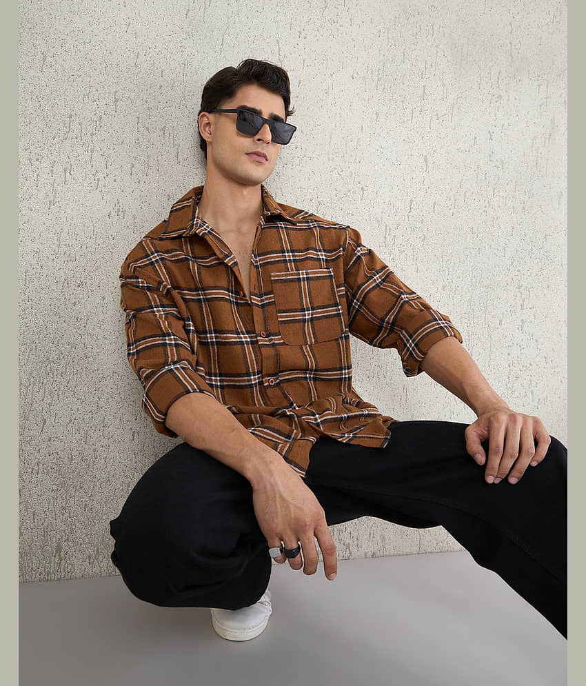Chimpaaanzee Flannel Oversized Fit Checks Full Sleeves Men's Casual Shirt - Brown ( Pack of 1 )