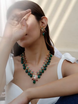 Swan Red-Green Kundan Necklace Set-Green