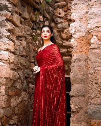 Red Georgette Saree With Sequence Work  by SHIV TEXTILES