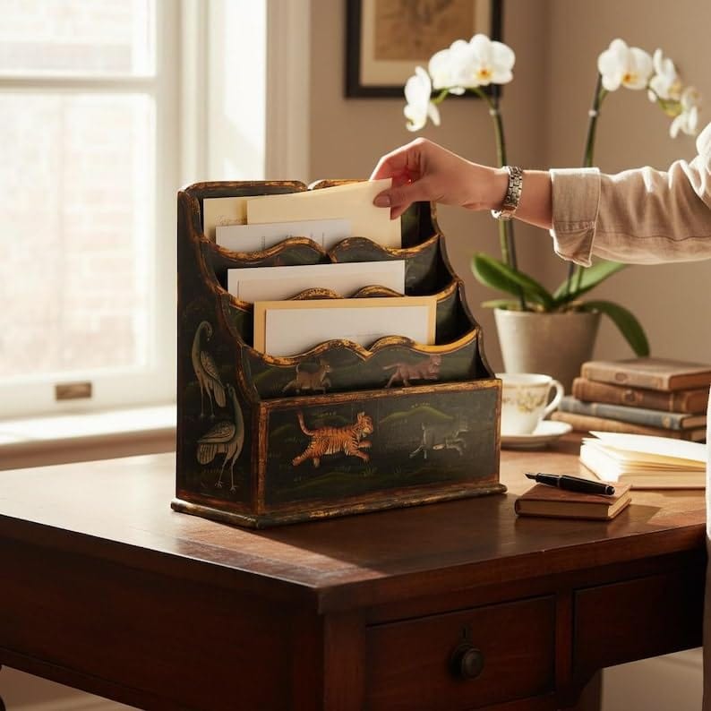 Hand-Painted Wooden Desk Organizer Letter Box Stand - Old Look Indian Wildlife Motif Storage Rack Tiger & Animal Artwork Wooden Letter Holder