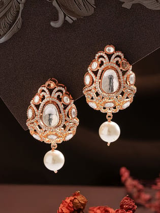 Gold Plated Uncut Mossanite Polki Statement Floral Drop Studds Earrings