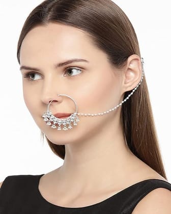 Silver-Toned Handcrafted Jadau Pachi Kundan Nose Ring With