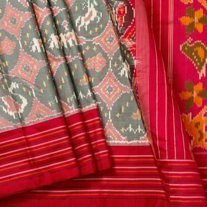 Grey And Red Double Ikkat Pochampally Silk Saree Without Zari For Festive Wear PIK 381