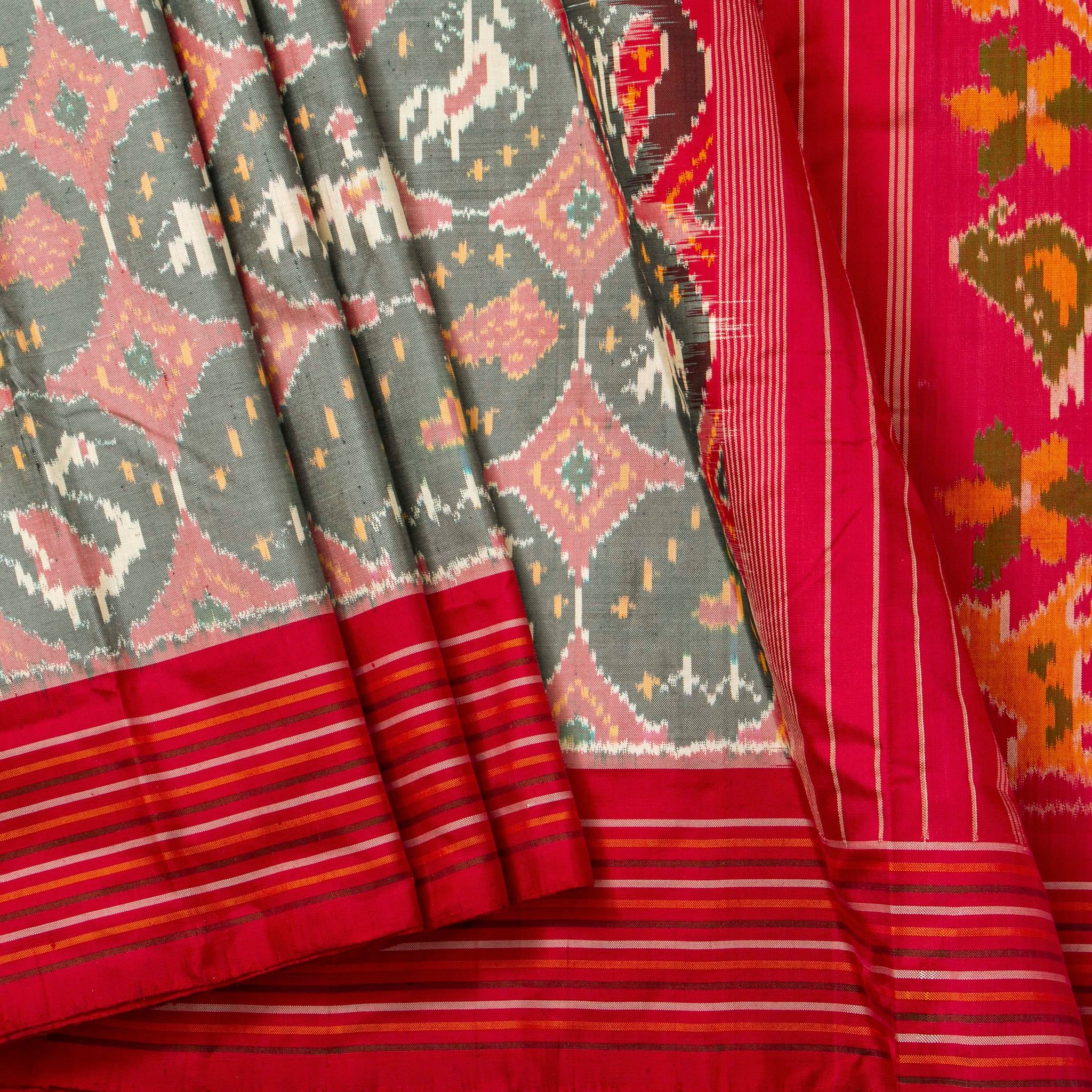 Grey And Red Double Ikkat Pochampally Silk Saree Without Zari For Festive Wear PIK 381