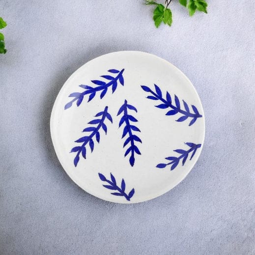 Blue Pottery Leaves Pattern Decorative PlateWhite and Blue 6