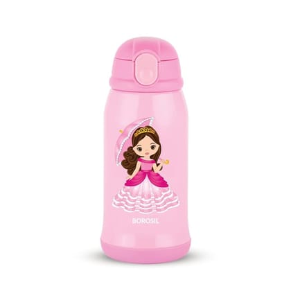 Borosil Princess 500 ml Stainless Steel Kids Sipper Water Bottle | 12 Hours Hot & Cold | Pink