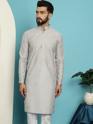Men's Jacqard Silk Grey Long Kurta-36