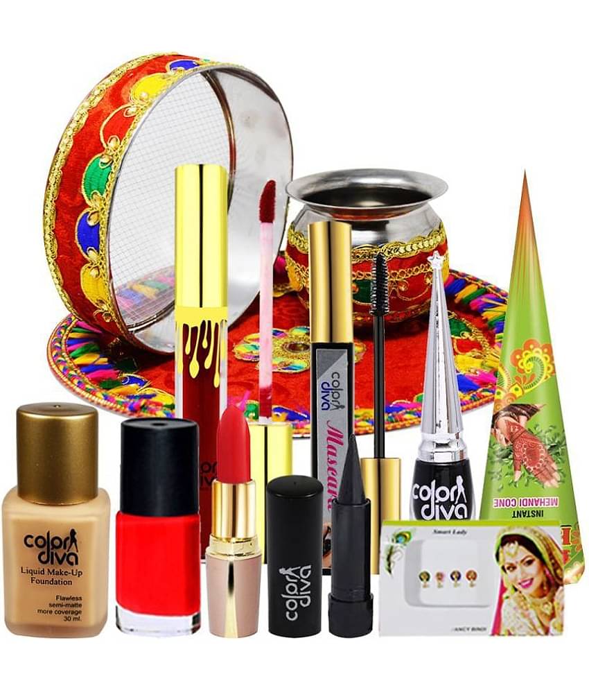 Adbeni Karwa Chauth Special Pooja Thali With Makeup Combo, Pack of 12 Face 344