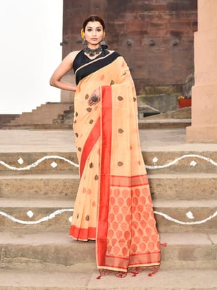 Orange Cotton Handloom Butti Weaving Saree