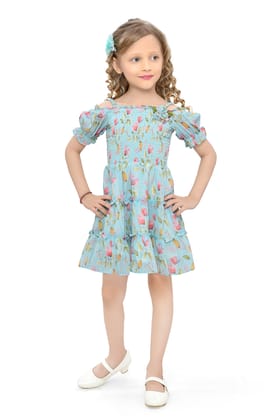 Be:Kids Blossom Bliss Blue Floral Smocked Dress with Puff Sleeves Be:Kids Blossom Bliss Blue Floral Smocked Dress with Puff Sleeves