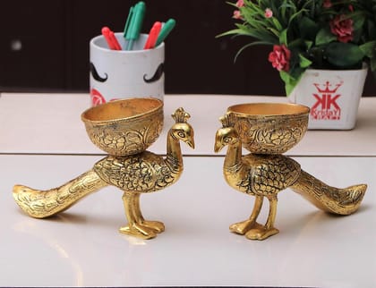 DreamKraft Metal Peacock Dry Fruit Bowl Showpiece - Gold Polish | Decorative Bowl Set (2 Pcs)