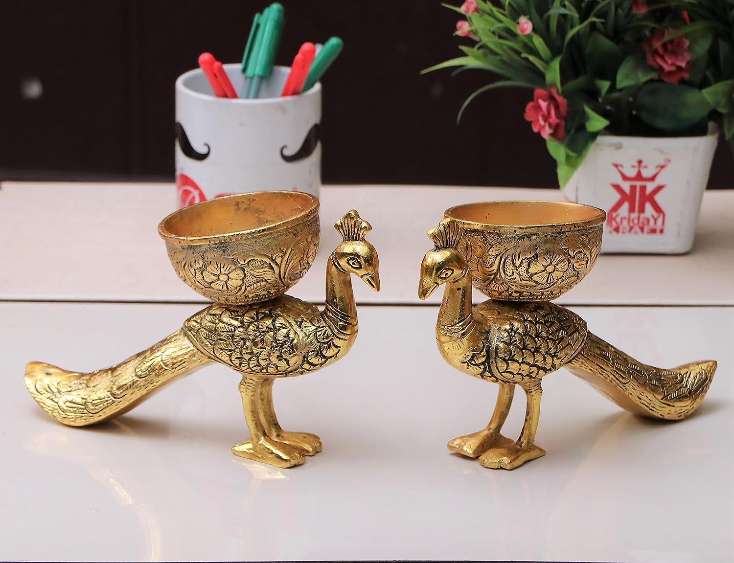 DreamKraft Metal Peacock Dry Fruit Bowl Showpiece - Gold Polish | Decorative Bowl Set (2 Pcs)