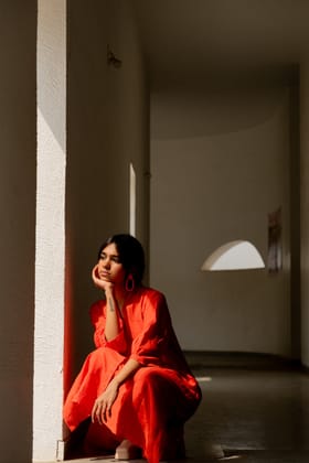 Scarlet Linen Button Down Kurta and Pants Set-S