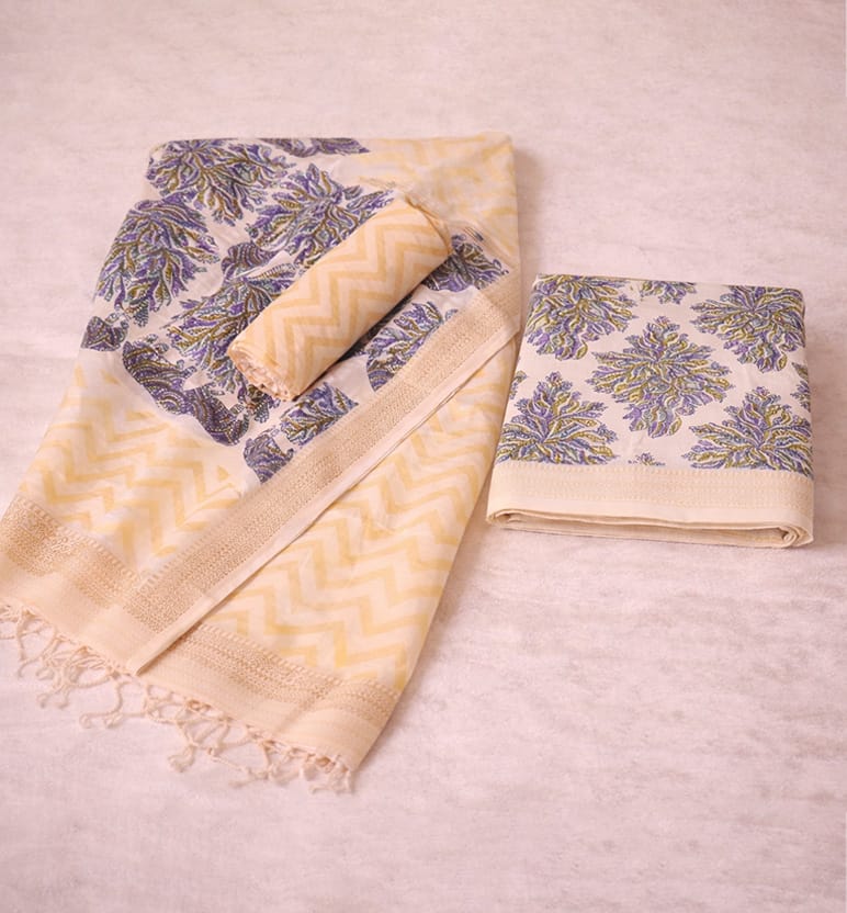 Gond Art Block Print Maheshwari Unstitched Suit Set – 3 Piece
