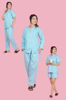 Floral Essence: Blue White Flower Print Combo Night Wear (Set of 2)-S / Sky Blue / 100% Cotton