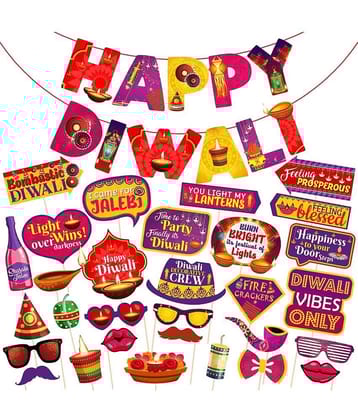Zyozi 31 Pieces Happy Diwali Party Photo Booth Props and Banner Kit Festival of Lights Prop for Photoshoot Diwali Party Picture Selfie Stick Props Party Decoration Supplies