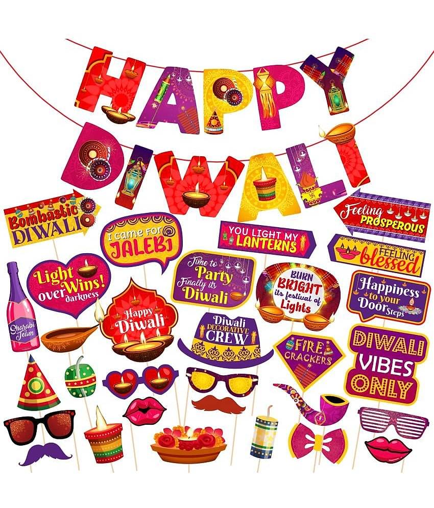 Zyozi 31 Pieces Happy Diwali Party Photo Booth Props and Banner Kit Festival of Lights Prop for Photoshoot Diwali Party Picture Selfie Stick Props Party Decoration Supplies