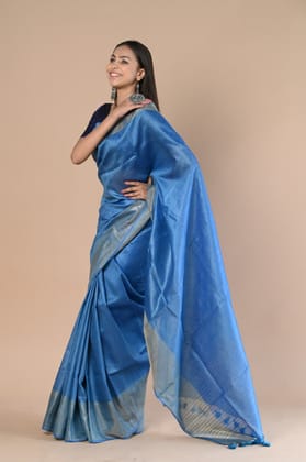 Exclusive Pure Moonga Tussar Silk Saree With Beautiful Border ~ Blue