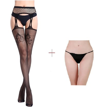 Kaamastra Black Suspender Pantyhose Stockings with Thong 6062
