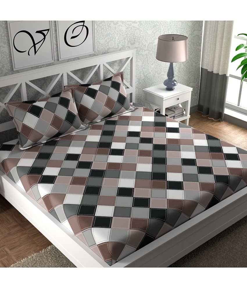 CG HOMES Microfiber Big Checks 1 Double Bedsheet with 2 Pillow Covers - Grey
