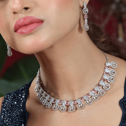 Elegant AD and pink stone necklace set with earrings
