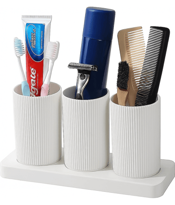 FIT4CHEF 3 Section Toothbrush Toothpaste Holder | Bathroom Toiletries Organizer Stand Plastic Toothbrush Holder