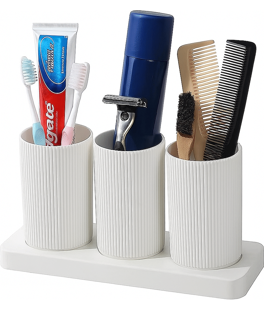 FIT4CHEF 3 Section Toothbrush Toothpaste Holder | Bathroom Toiletries Organizer Stand Plastic Toothbrush Holder