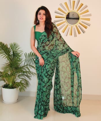 Generic Women's Georgette Printed Saree with Unstitched Blouse Piece, Soft Lightweight 5.5 m Sari for Daily, Office and Wear (Black-Green, Design 67567)