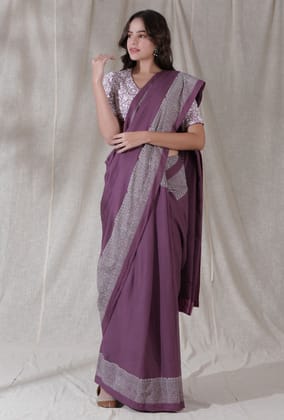 Cotton kota mauve color blockprinted border saree-M