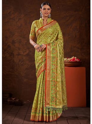 Women's Organza Printed Saree with Unstitched Blouse (Sea Green, 5-6 Mtrs)