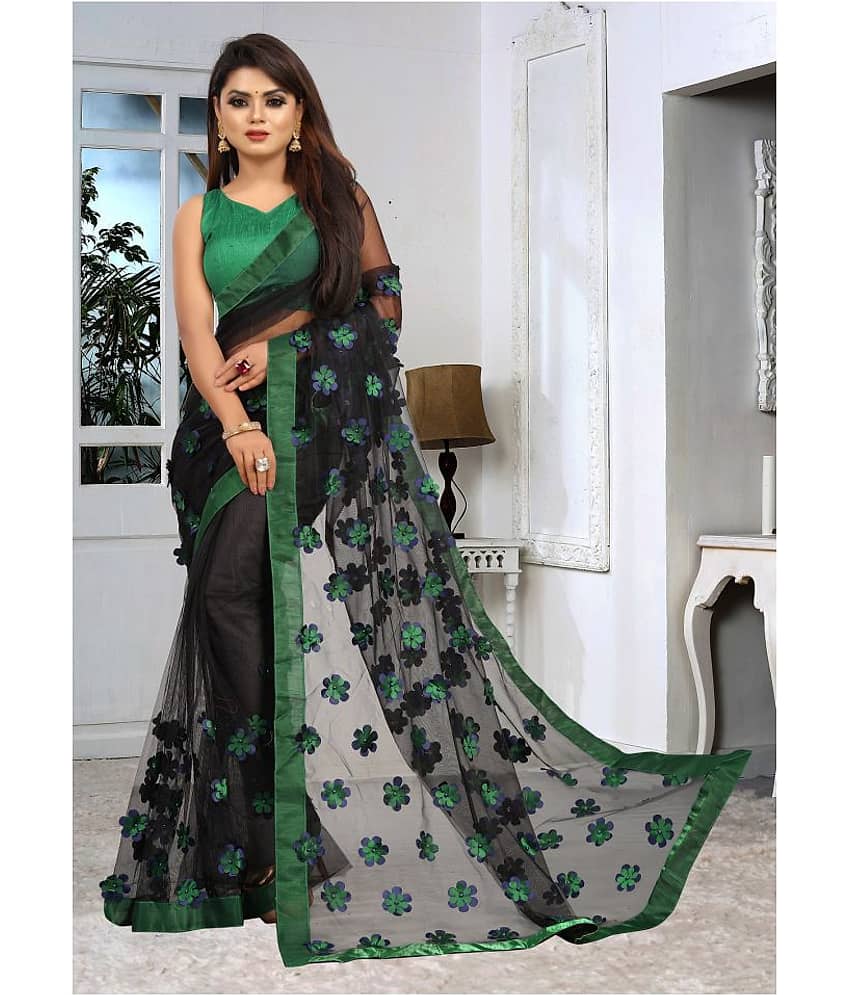 Gazal Fashions Net Applique Saree With Unstitched Blouse Piece ( Multicolor )