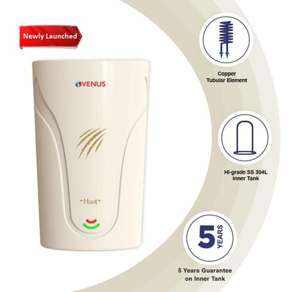 Venus Hunt 3Litre Instant Water Heater For Bathroom (Ivory) | 3000 Watts | High Grade SS Inner Tank Geyser | 5 years Guarantee | Copper Heating Element with 2 Year Guarantee | Compact & Durable | 8bar Venus Hunt 3Litre Instant Water Heater For Bathroom (