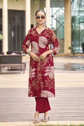 Vibrant Red Cotton Cord Set with Trendy Printed Design-RED / XL