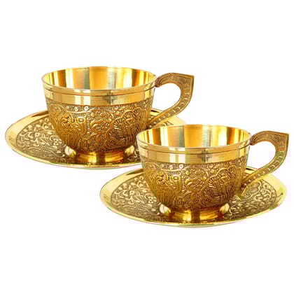 Pure Brass Embossed Design Cup & Saucer, Serving Tea Coffee, Tableware, Volume- 150 ML-2