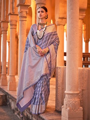 Grey Soft Silk Stripes Printed Leheriya Saree