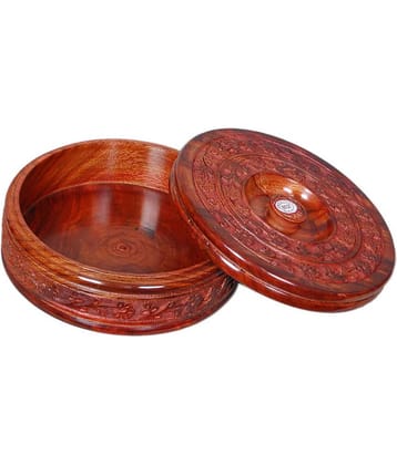 TFS Wood Carving Floral  Roti Box Brown Wooden Serve Casserole ( Set of 1 , 750 mL )