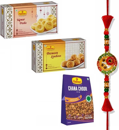 Haldiram's Nagpur Besan Ladoo 250g, Kesar Peda 250g,Chana Choor 200g With Rakhi Assorted Gift Box (Multicolor)