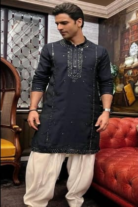 Vivek Dahiya in Navy Blue Mirror Work kurta Set-Navy Blue / XS/34