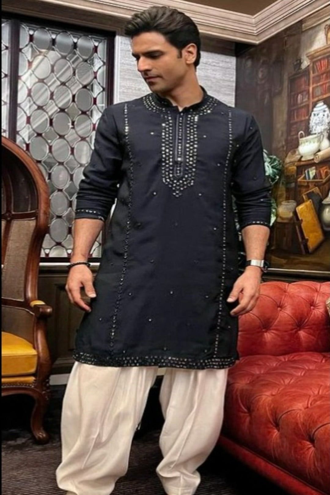 Vivek Dahiya in Navy Blue Mirror Work kurta Set-Navy Blue / XS/34