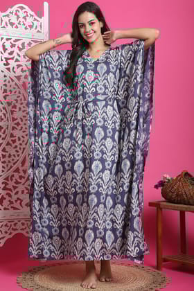 Blue Color Abstract Printed Viscose Rayon Kaftan For Women-S