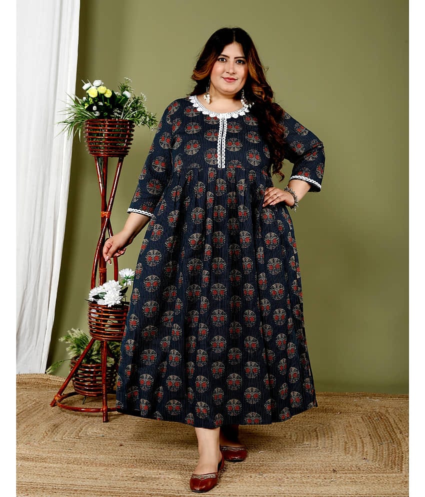 Avnii Women Cotton Printed Fit & Flare Dress ( Blue )