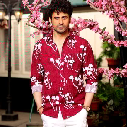 Mushroom Bunch Scarlet Maroon Casual Pure Linen Full Shirt (Size - S) by BLUE EAGLE Mushroom Bunch Scarlet Maroon Casual Pure Linen Full Shirt (Size - S) by BLUE EAGLE