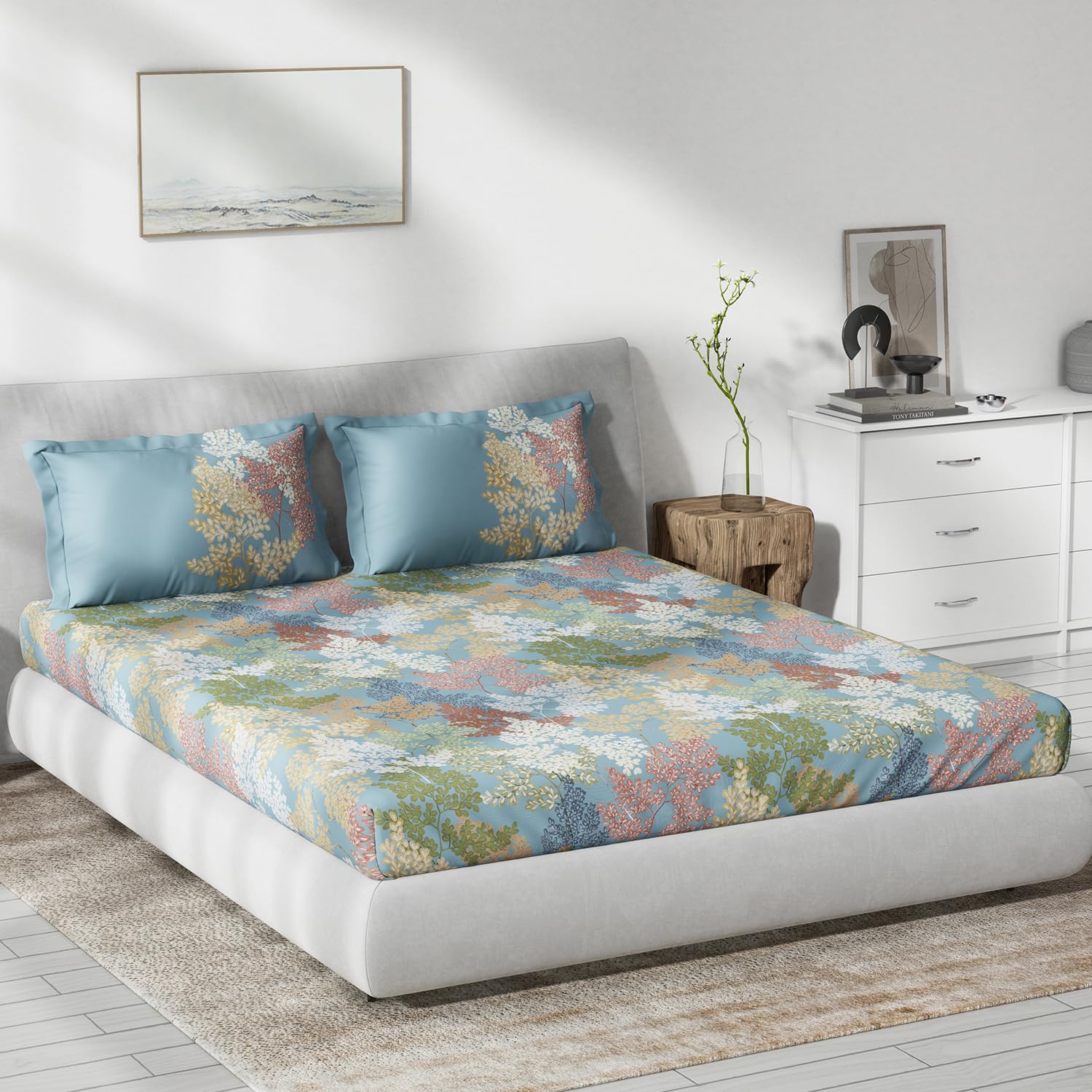 DDECOR - Primary Collection 100% Cotton Leaves Pattern 145TC King Bedsheet |229 CM X 274 CM| with 2 Pillow Covers - Blue