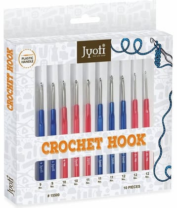 Jyoti Crochet Hook Steel with Plastic Handle for Wool Work, Hand Knitted Sewing DIY Craft Weaving Needle, Ideal for Sweaters, Purses, Scarves, Hats, 15500 (Assorted, 6"/15cm of Size 9 to 12)