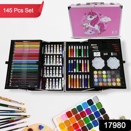 17980&nbsp;Professional Art Set-Drawing Painting Sketching Coloring Kids Set All in 1 Art Case Perfect for Kids with Unicorn Design Case, Shading Crayons Oil Pastels Color Set Watercolor Cakes Paint Brush Sharpener Eraser (145 Pcs Set)