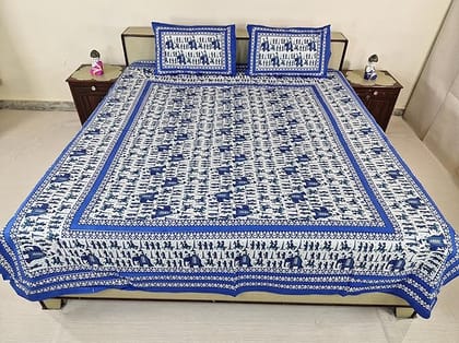 Bedsheet Set Hand Block Printed Cotton with Pillow Covers, Intricate Ethnic Rajasthani Design, 100% Cotton, 210 x 226 cm, Indigo Blue,Best for Single Bed & Big Deewan Sets