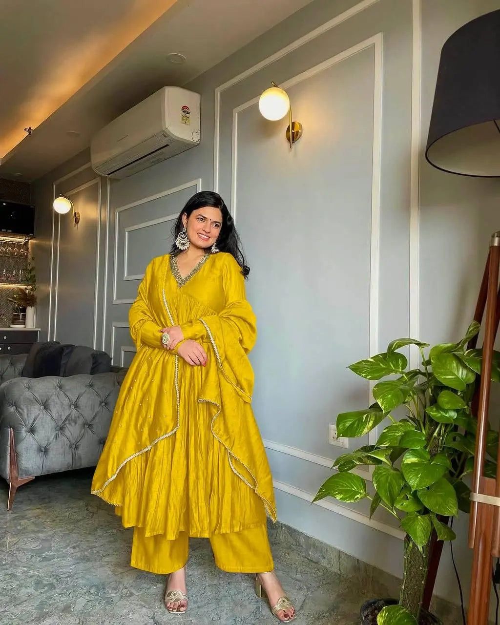 Chinon Silk Alia Cut Ready to Wear Anarkali Gown-Free Size / Yellow