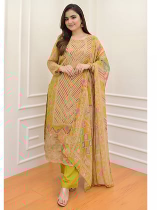 Lime Green Colour Embroidered Sequence Work Kurta with Pants & Dupatta-4XL